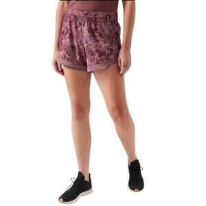 Athleta Women's Printed Mesh Racer Run Short 4" DynaLeopard Mauve Pocket, size M